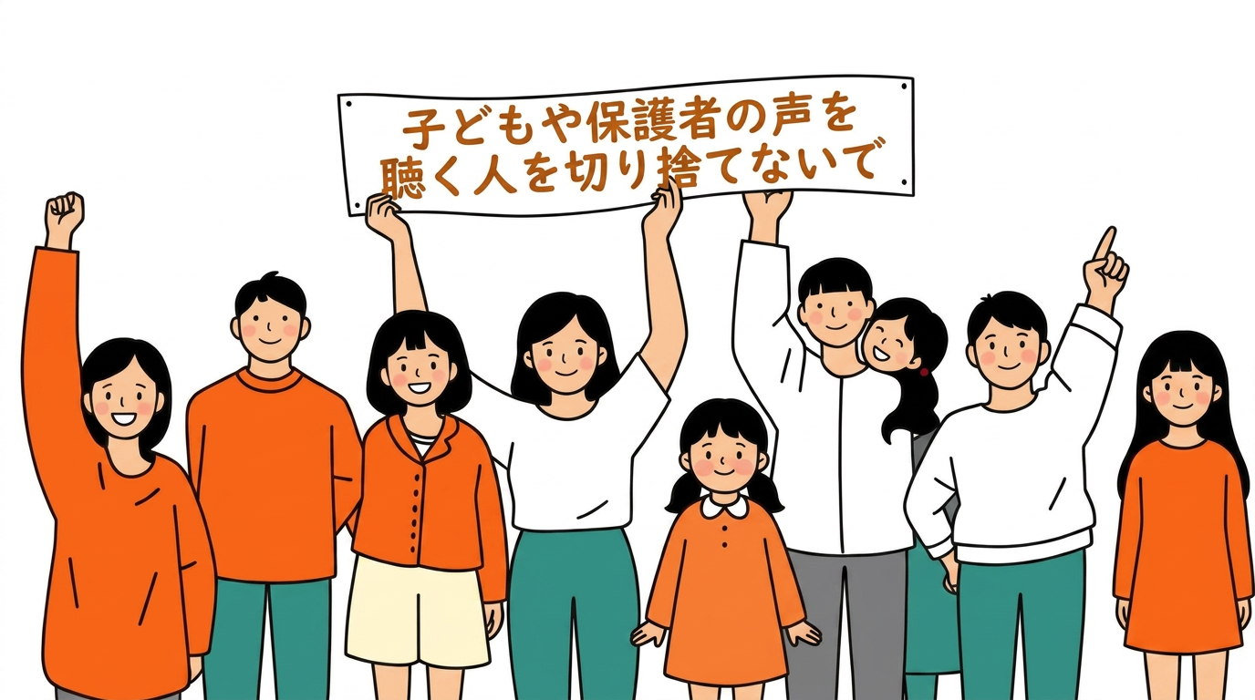 「雇い止め撤回」を掲げて集まるスクールカウンセラーや支援者たちのフラット線画イラスト