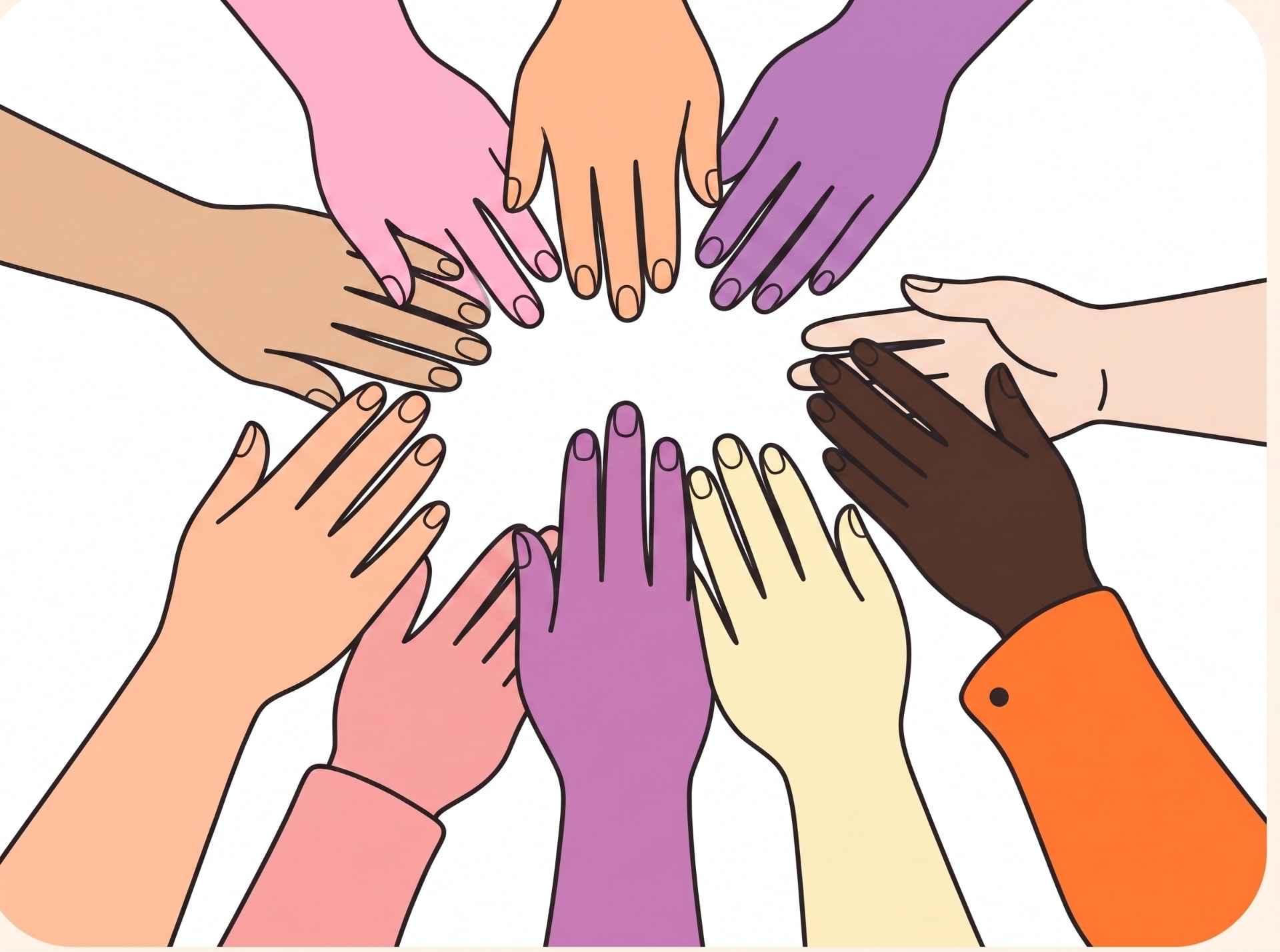 たくさんの手が輪のようにつながり支え合う様子を描いたフラット線画イラスト