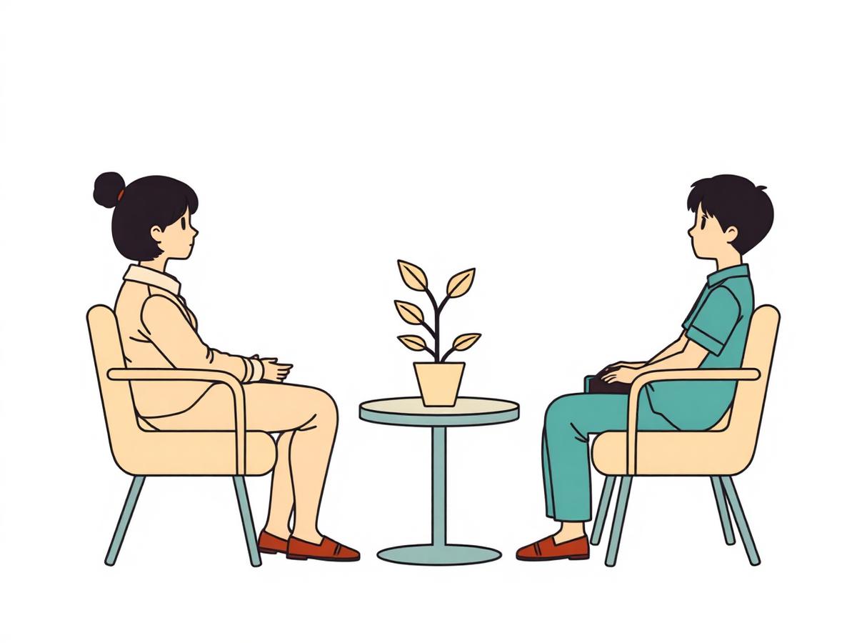 相談室でスクールカウンセラーと子どもが向かい合って静かに話しているフラット線画イラスト